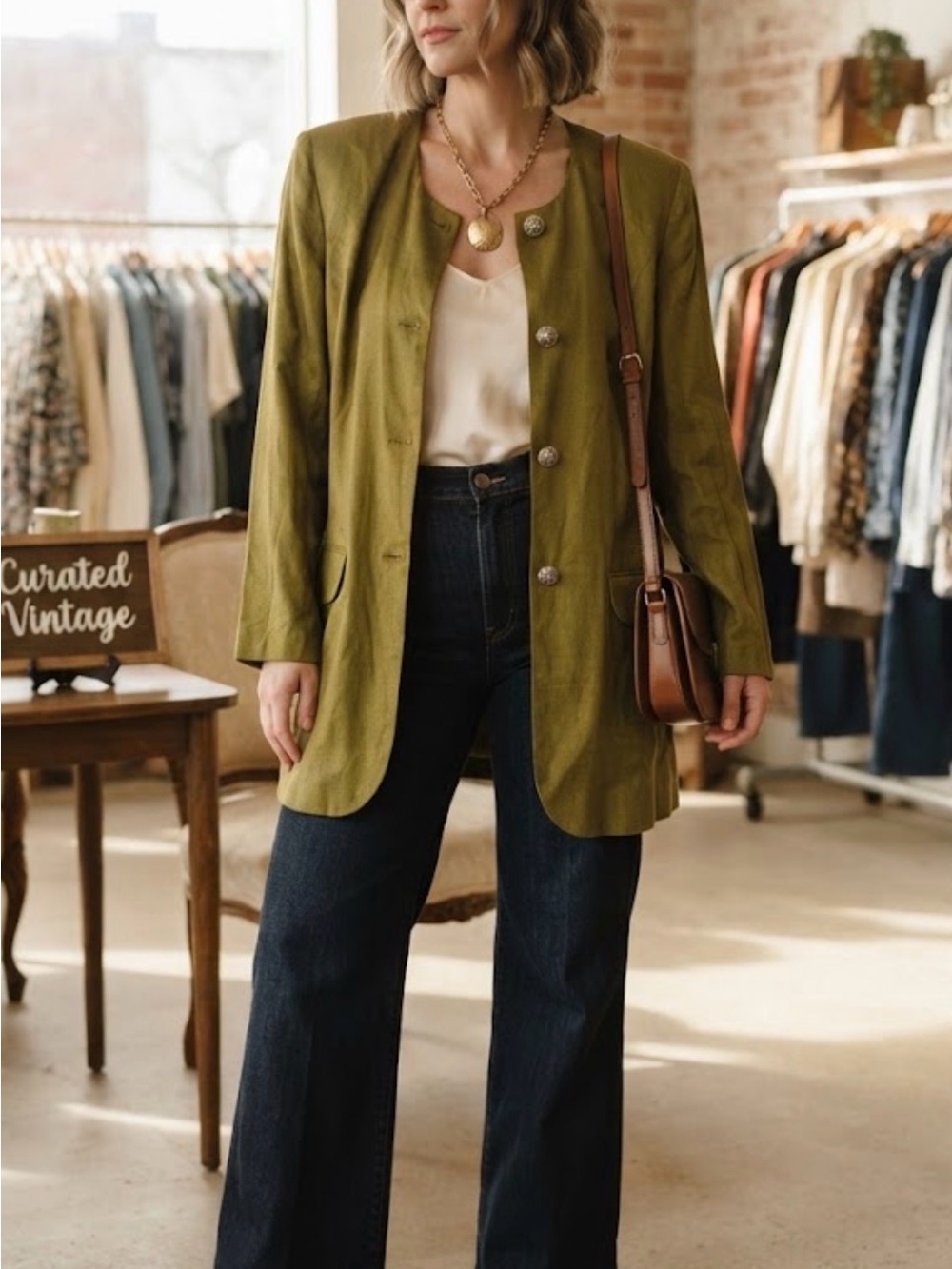 Vintage Chad Stevens Olive Green Longline Collarless Blazer Jacket Sz 12/14 L